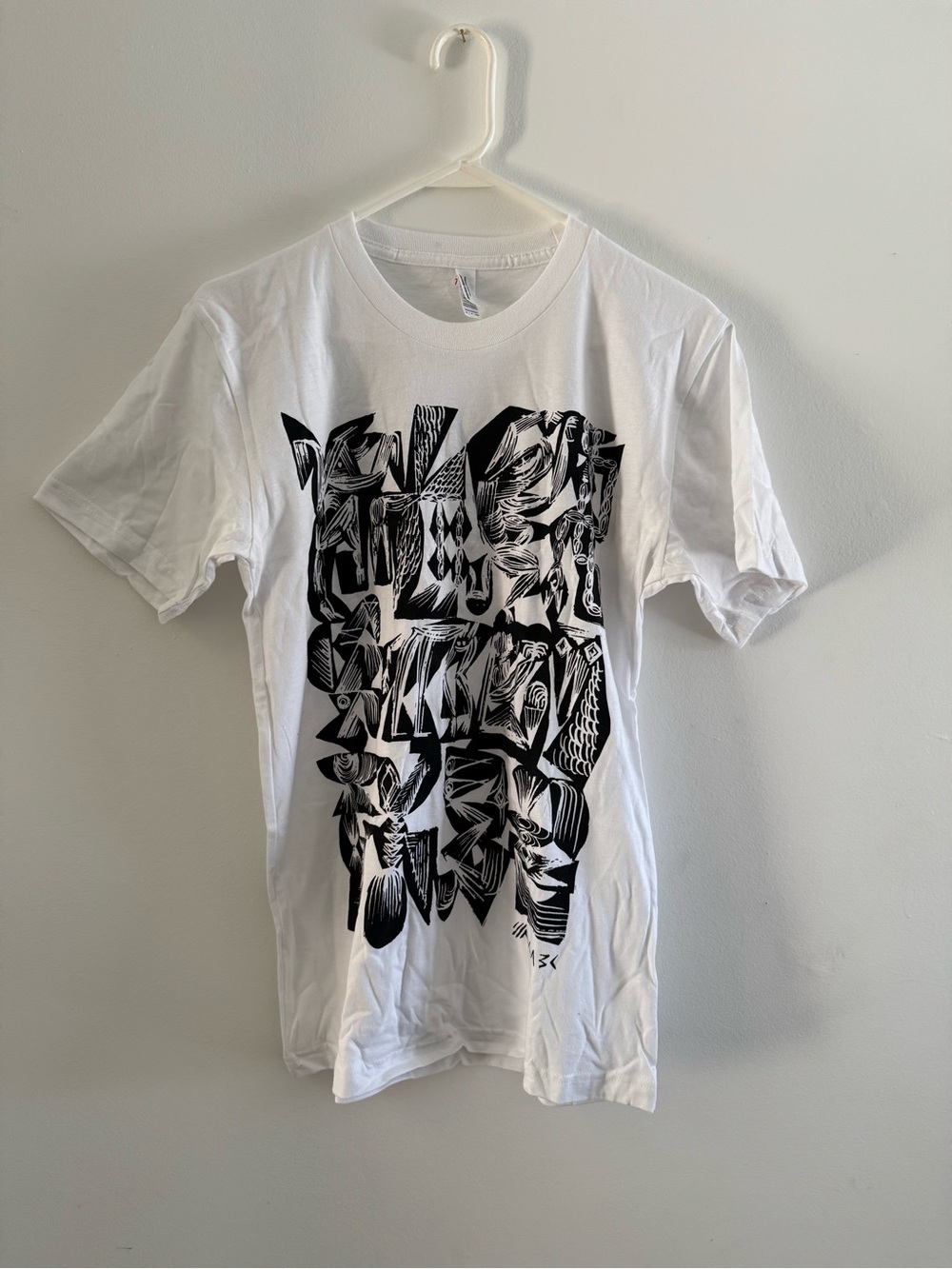 American Apparel White Short-Sleeve Tee with Black Abstract Graphic Print